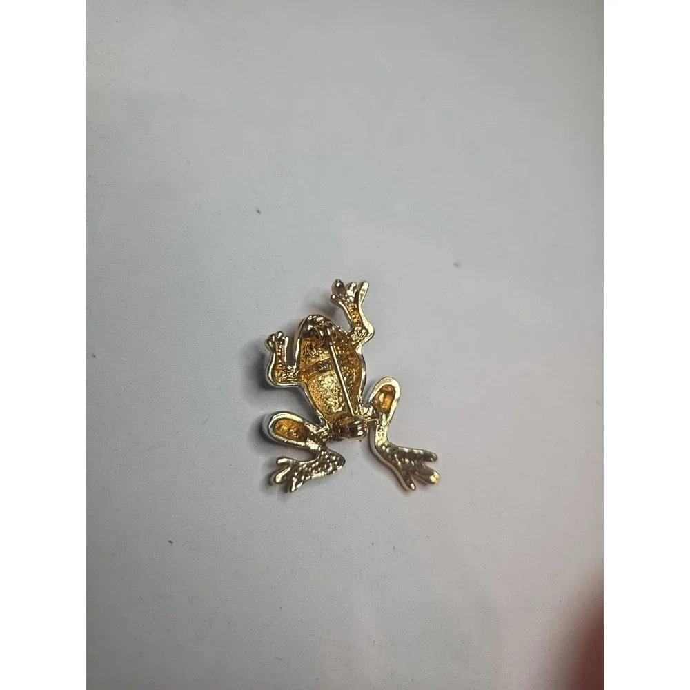 LIA SOPHIA Gold Silver 2-Tone Frog Pin Brooch Clear Rhinestone Eyes~2 1/2
